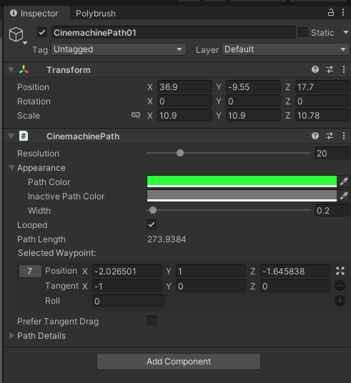 Add CinemachinePath Compornent