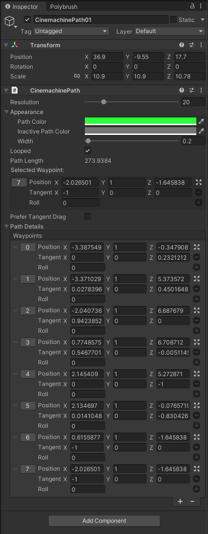 Add CinemachinePath Compornent