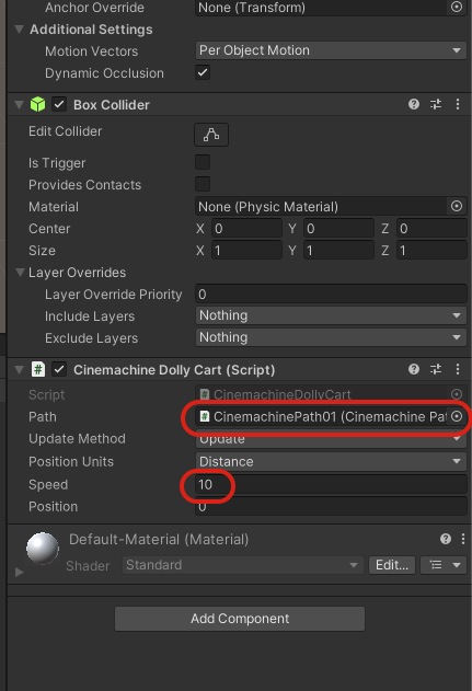 Add CinemachinePath Compornent